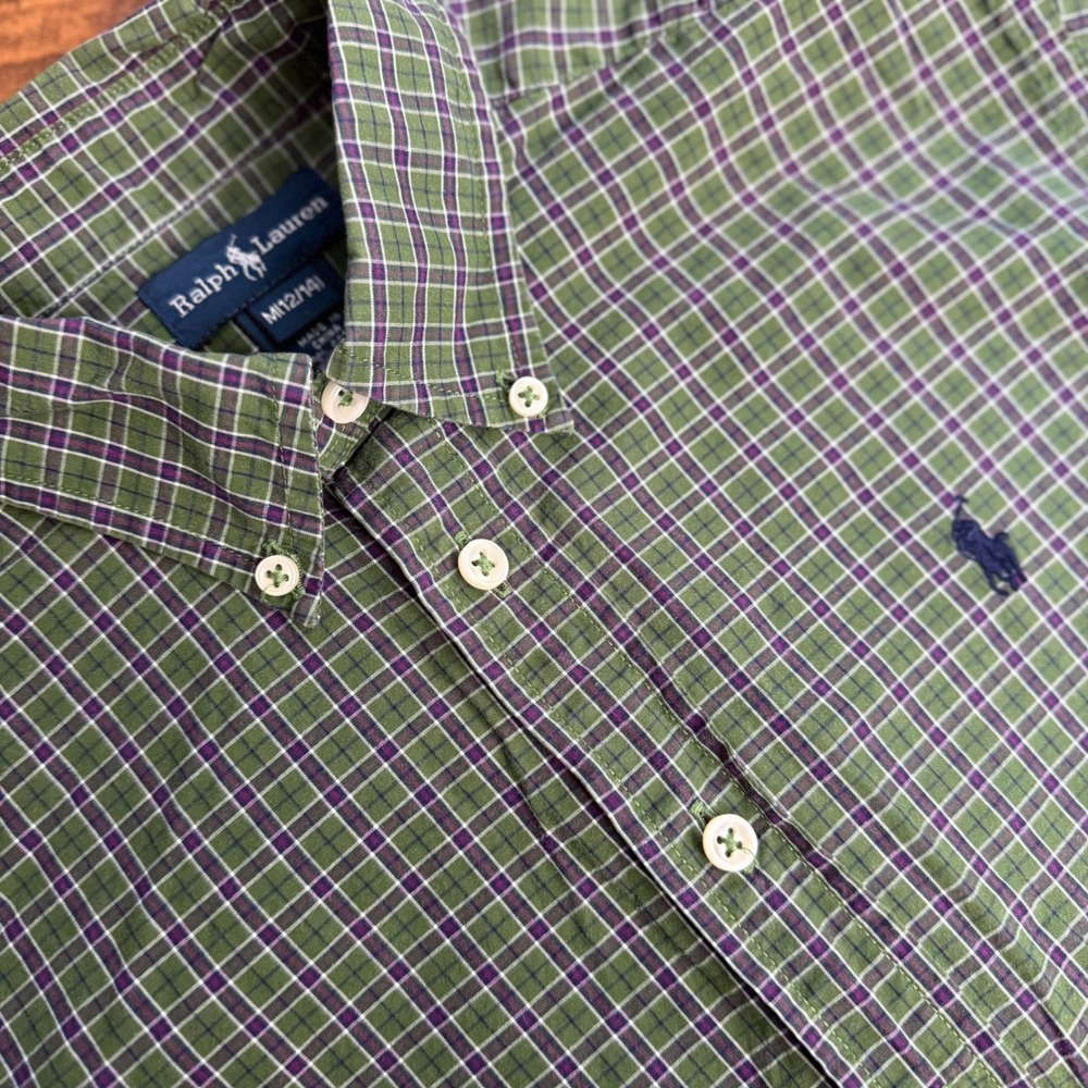 Ralph Lauren Boys Green Purple Plaid Button Down Shirt Size M 12-14 Cotton